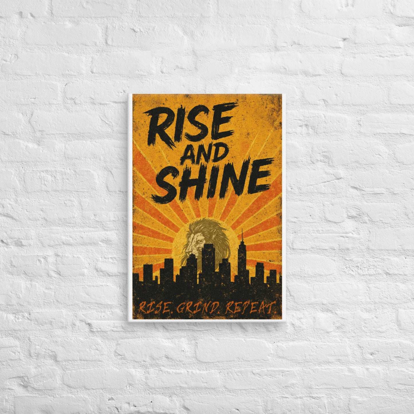 Poster with 'Rise and Shine' text on a city skyline design, mounted on a textured white wall.