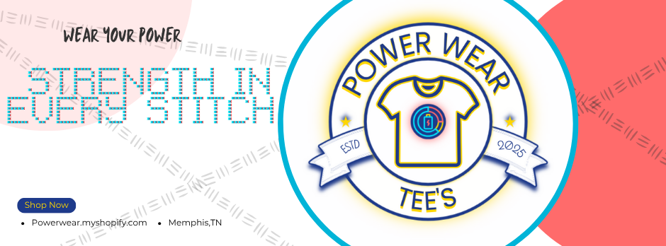 Promotional banner for Power Wear Tee's with a t-shirt graphic and text on a colorful background.