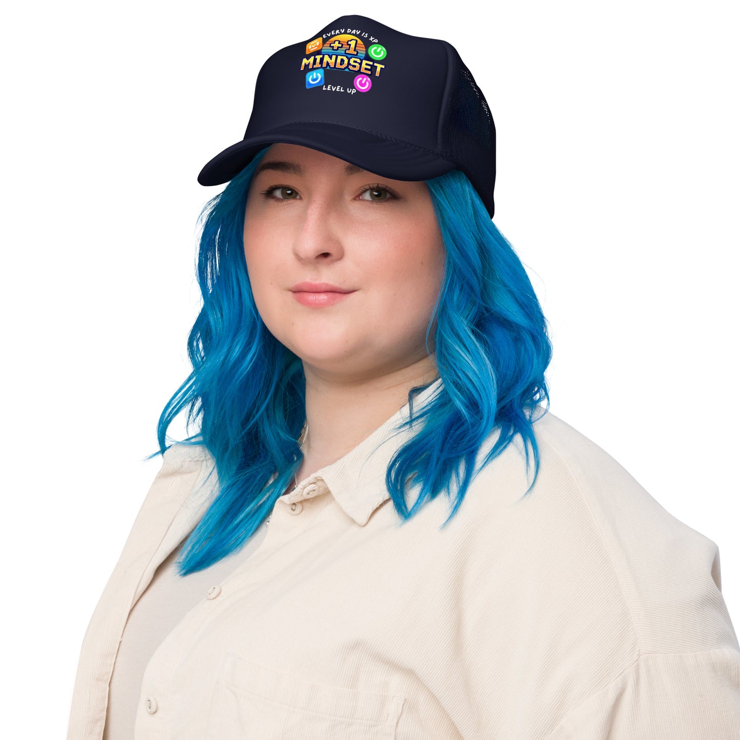 Person wearing a navy cap with colorful graphics on a white background