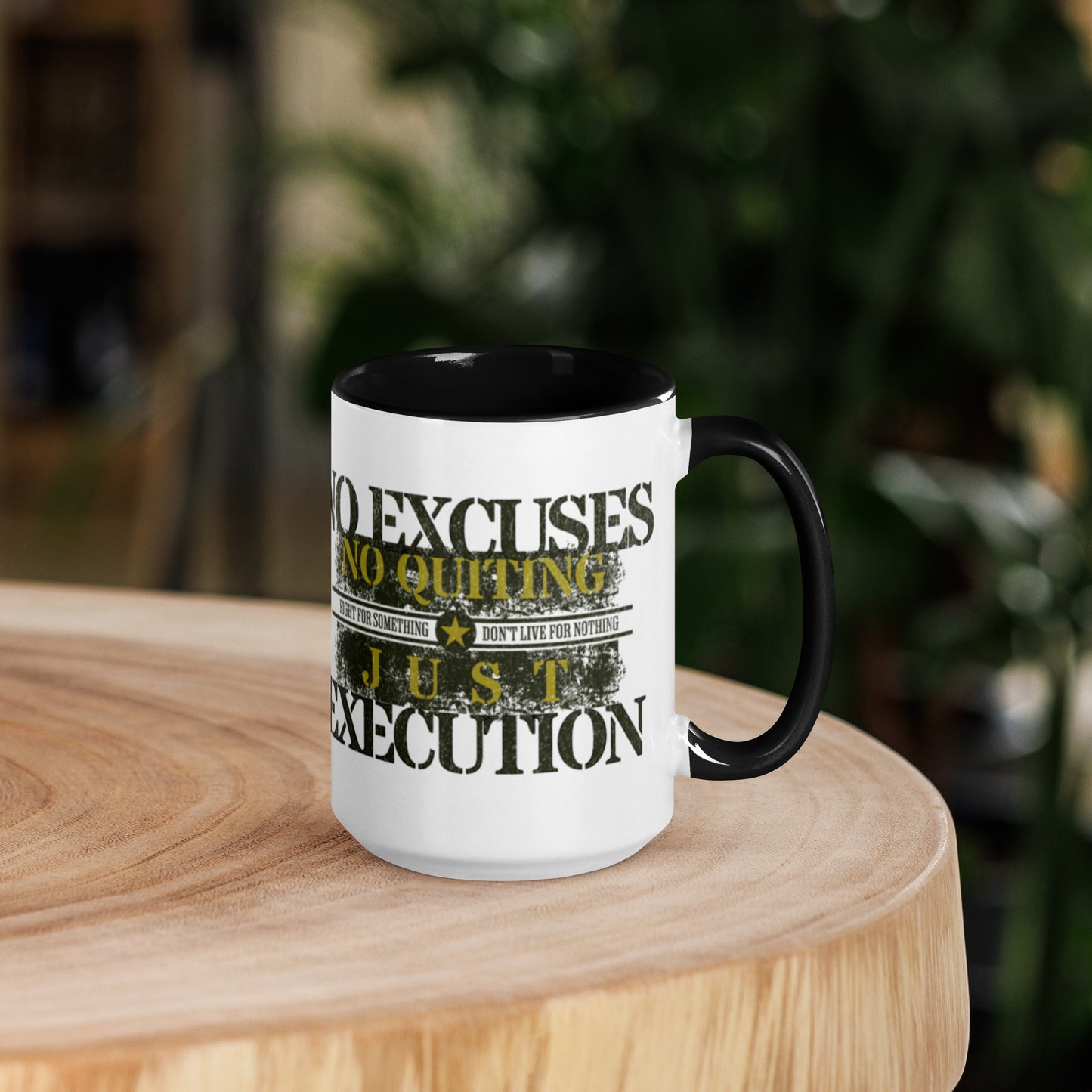 Mug with motivational quote on a wooden surface with a blurred background