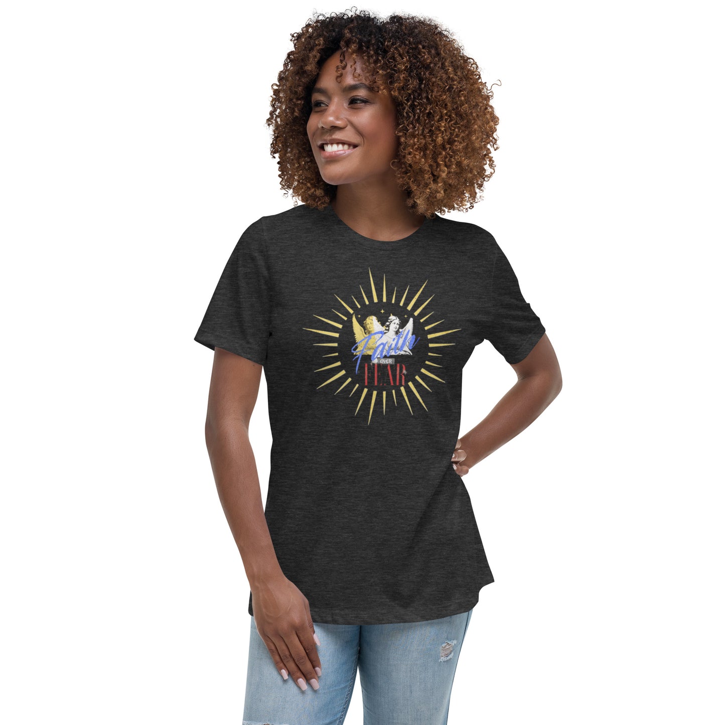 Crafted from super-soft, high-quality cotton, this shirt features a relaxed, feminine fit that’s perfect for layering or wearing solo. The inspirational “Faith Over Fear” design makes it an empowering choice for casual wear, Bible study groups, prayer walks, or simply living boldly.