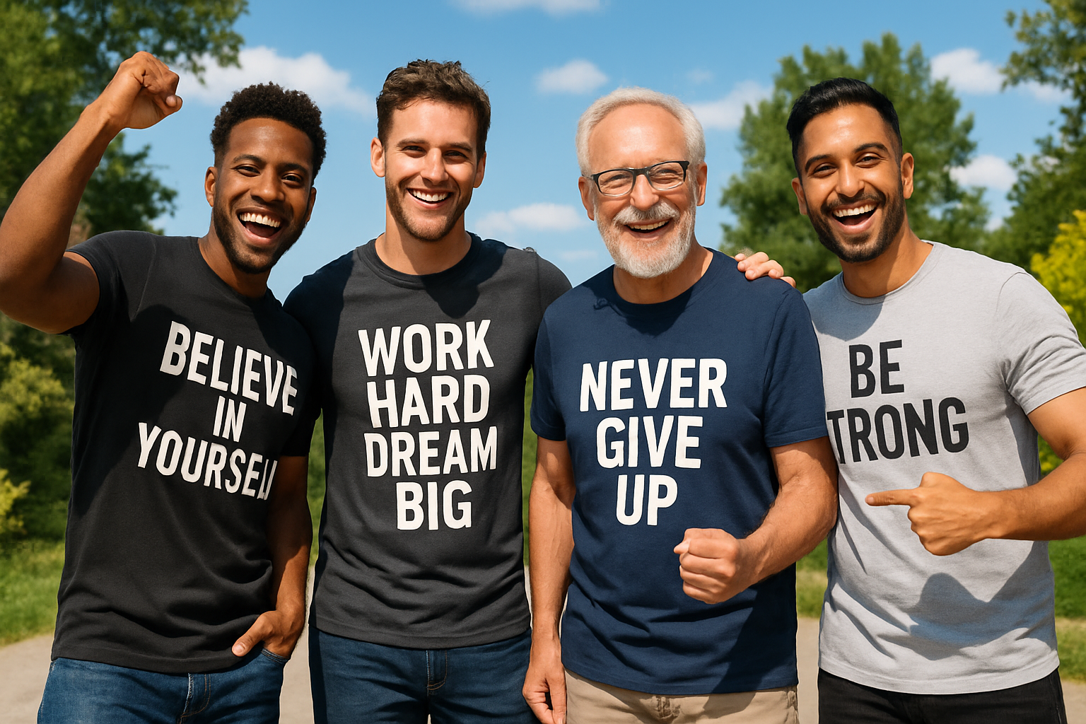 Four men standing together outdoors, each wearing a motivational t-shirt.