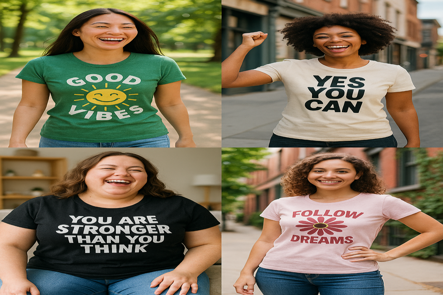 Four women  wearing motivational t-shirts with different messages.